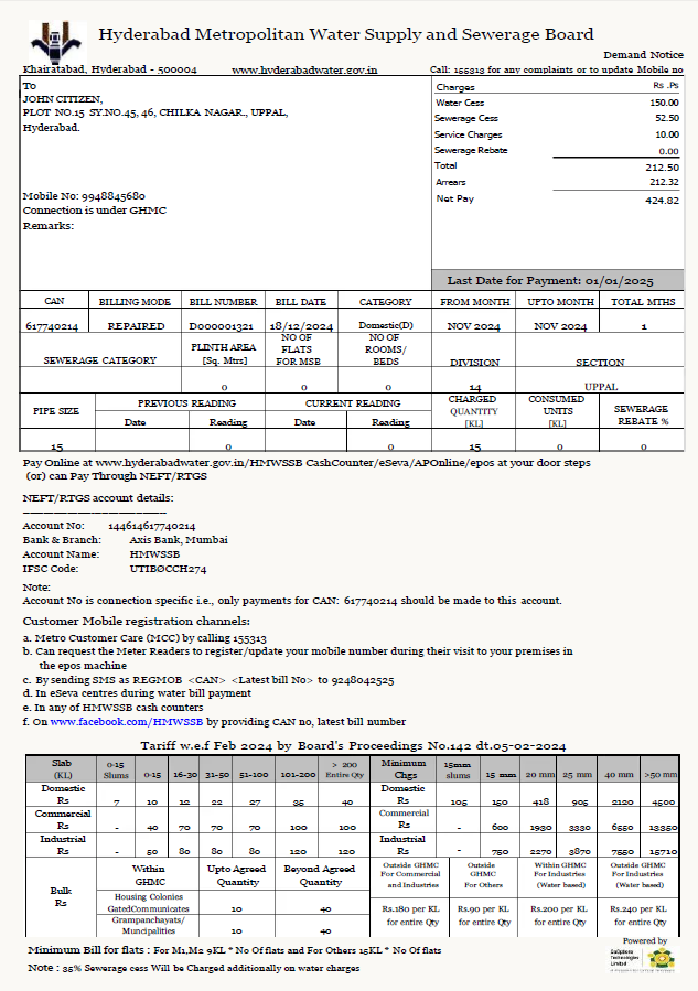 India Hyderabad Metropolitan Water Supply and Sewerage Board utility bill template in Word and PDF formats